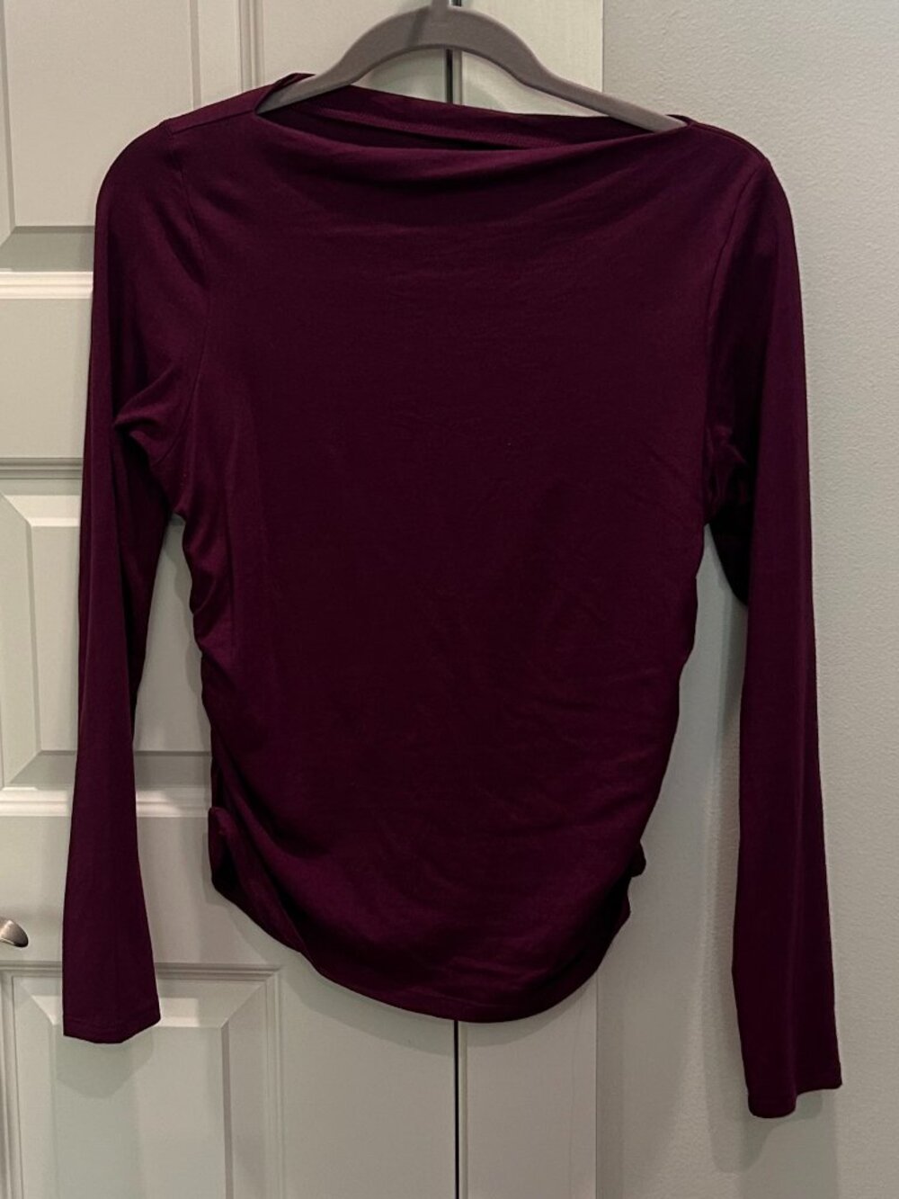 Long-Sleeve Slit-Neck Ruched Side Plum Top